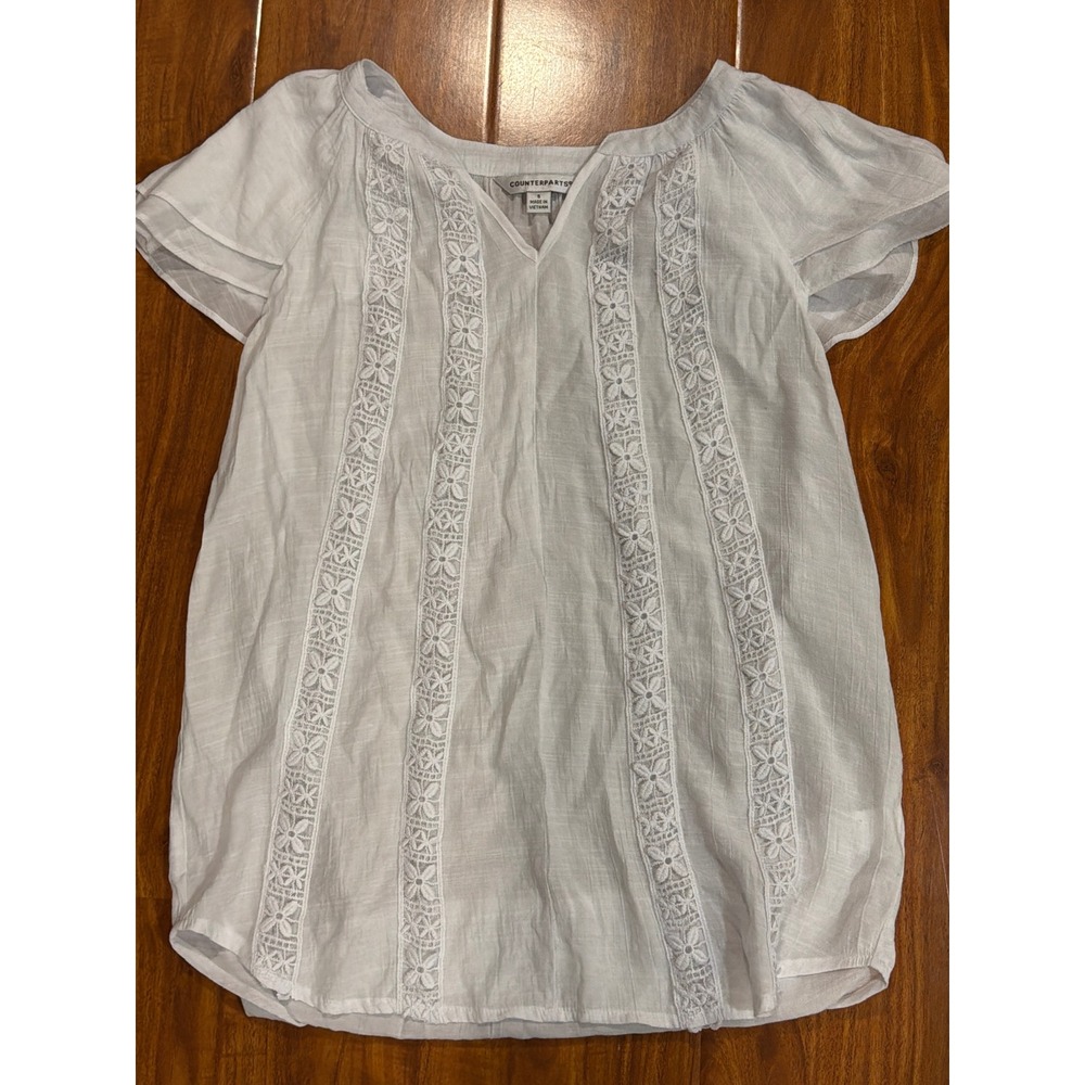 White Flowy V Neck Blouse Top Shirt Short Flutter Sleeves Light Womens Szโ Small